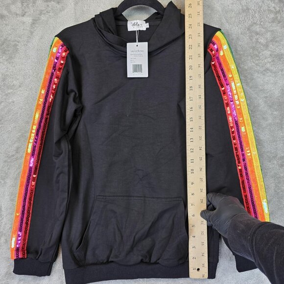 Lola and The Boys Hoodie Womens Small Black Sequin Rainbow Track Pullover Fun - Picture 4 of 11
